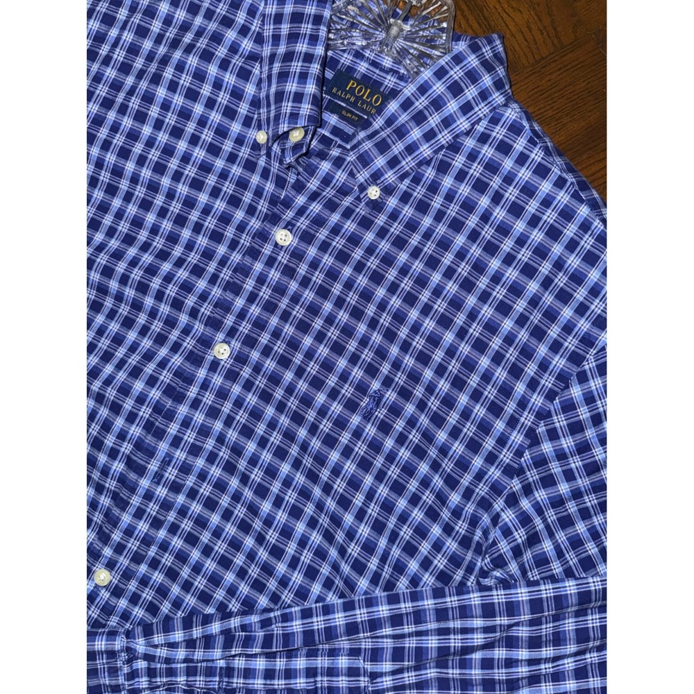 Polo Ralph Lauren Button Down Mens Large Blue Plaid Slim Fit Long Sleeve Shirt